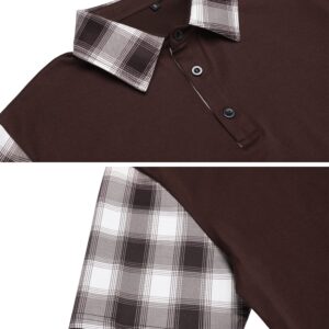 CHOMOLEZA Men's Casual Short Sleeve Polo Shirt Classic Plaid Collar Slim Fit T-Shirt Coffee M