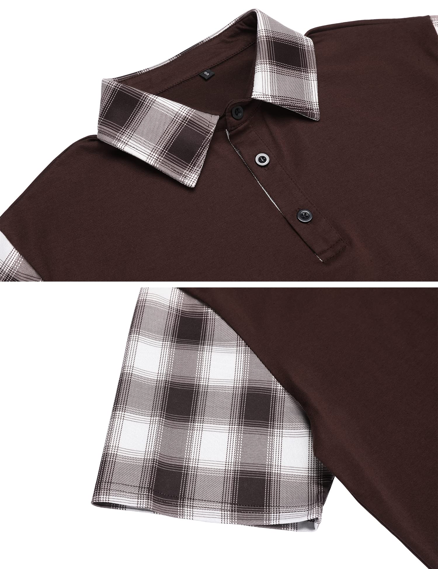 CHOMOLEZA Men's Casual Short Sleeve Polo Shirt Classic Plaid Collar Slim Fit T-Shirt Coffee M