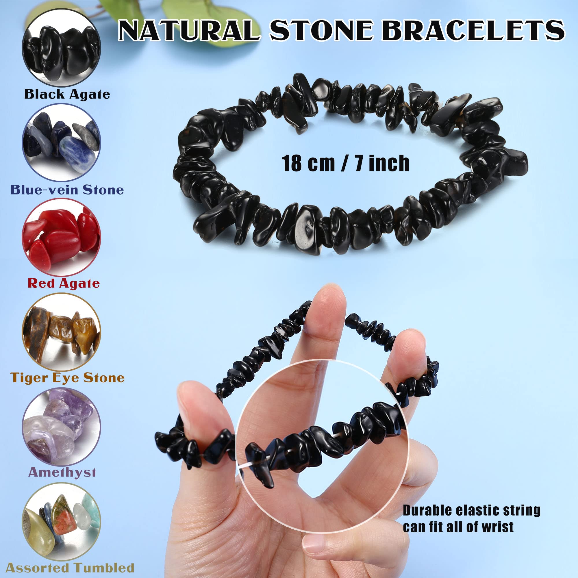 Subiceto 15pcs Natural Gemstone Chakra Crystal Bracelets for Women Men Irregular Tumble Polished Align Gravel Bracelet Colorful Healing Chip Stretch Stone Bracelets Set Dark