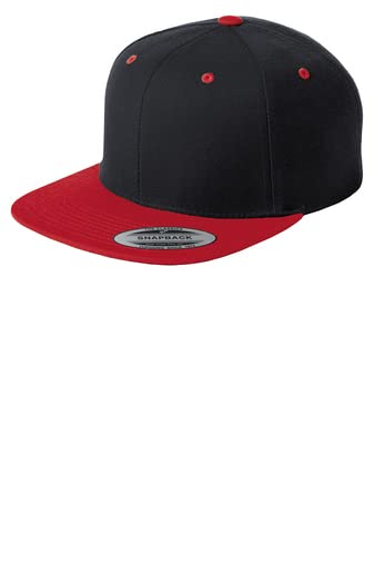 Sport-Tek® Flat Bill Snapback Cap STC19 / Custom Hats/Embroidery Hats/Monogram Hats/Custom Snapback/Custom Embroidery (Black/True Red)