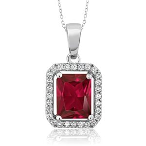 gem stone king 925 sterling silver 9x7mm emerald cut gemstone birthstone and white moissanite halo pendant necklace for women | with 18 inch silver chain