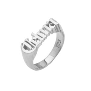 Elefezar 925 Sterling Silver Personalized Gothic Old English Name Ring Custom Stackable Nameplate Band Silver