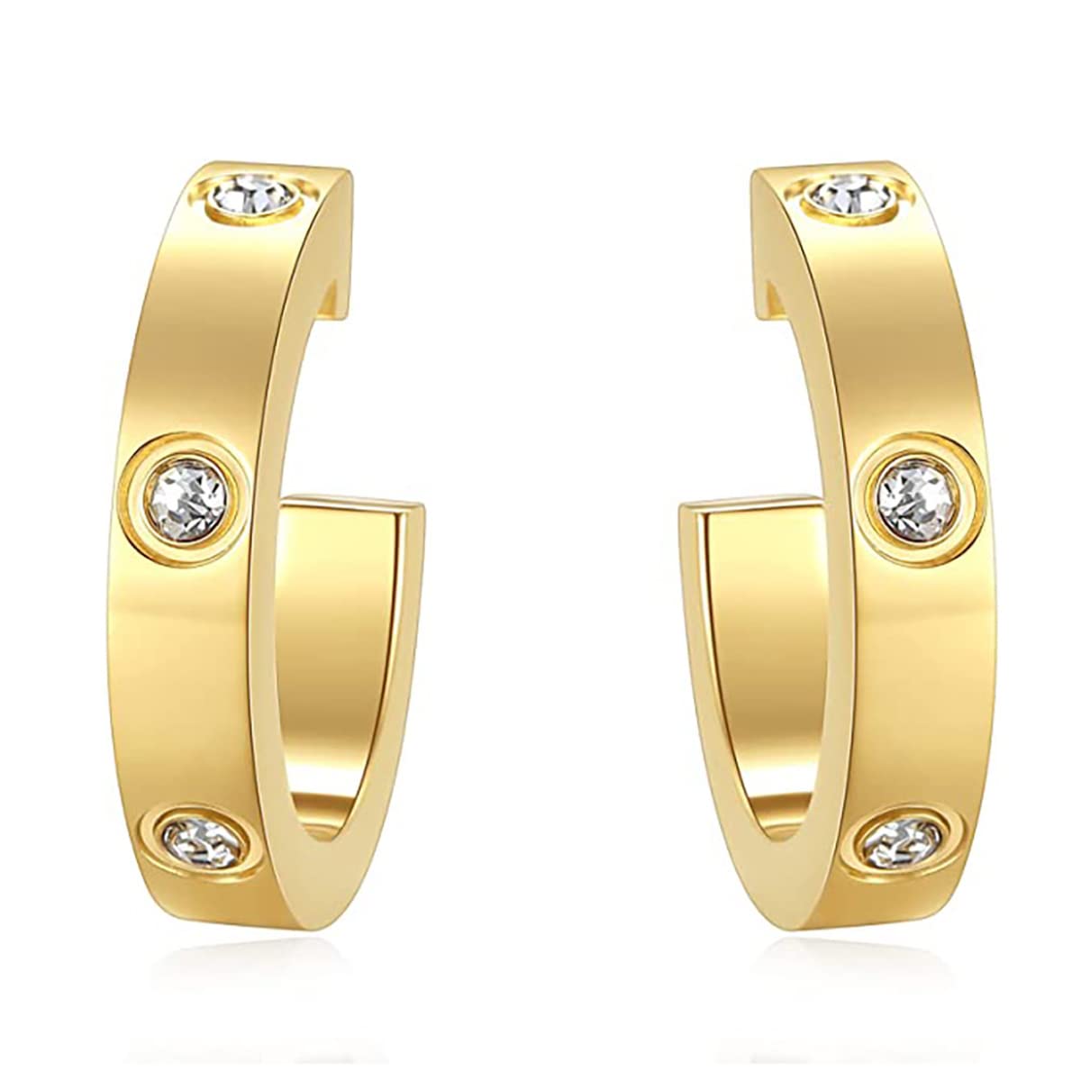 Friendship Earrings for Women Designer Cubic Zirconia Gold Stainless Steel Hoop Huggie Cuff Studs Friendship Jewelry Mothers Day Birthday Christmas Gifts… (Gold - Round Zirconia)