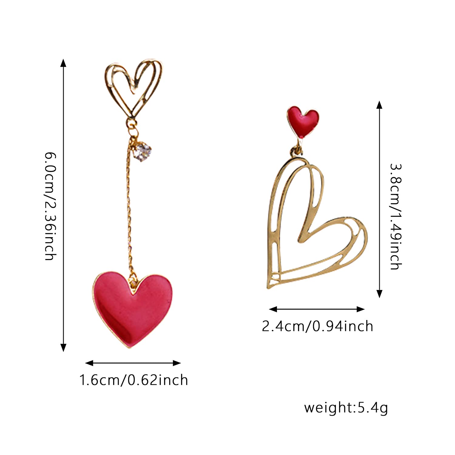 Gold Plated Mismatch Asymmetry Heart Drop Dangle Earrings Stud, Love Dangly Earrings for Women (Red)