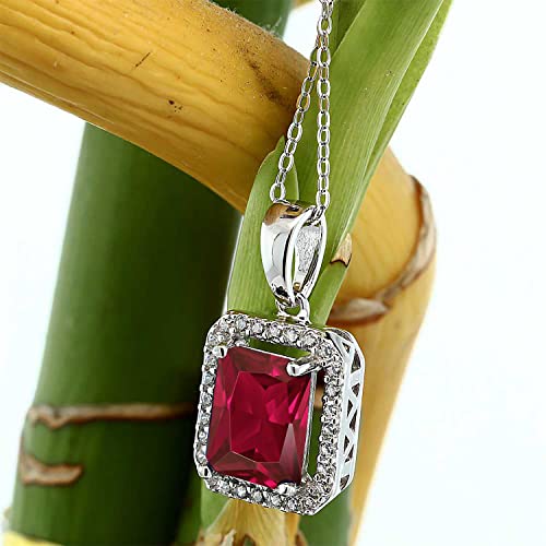 Gem Stone King 925 Sterling Silver 9X7MM Emerald Cut Gemstone Birthstone and White Moissanite Halo Pendant Necklace For Women | With 18 Inch Silver Chain