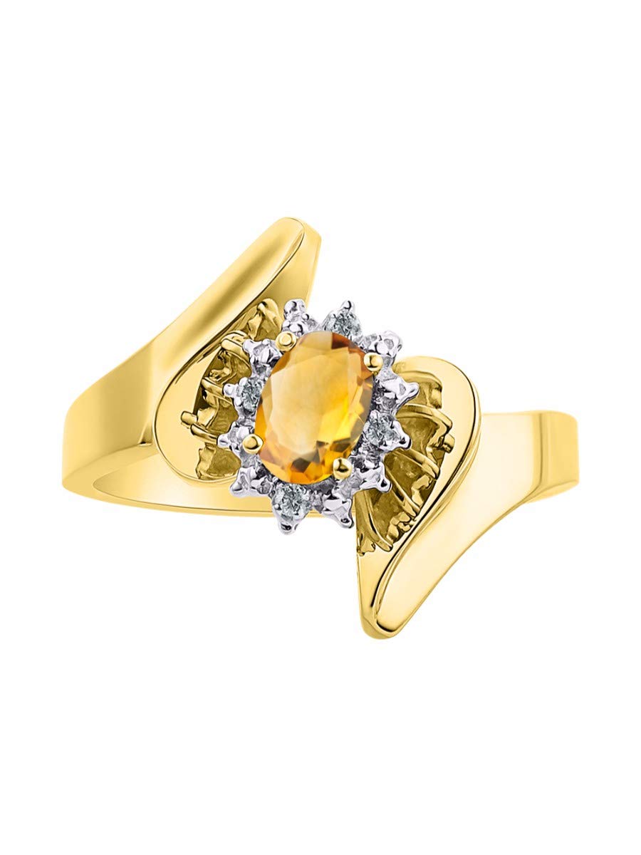 Rylos Floral Designer Ring with 6X4MM Oval Gemstone & Sparkling Diamonds in Yellow Gold Plated Silver- Birthstone Citrine Jewelry Size 7