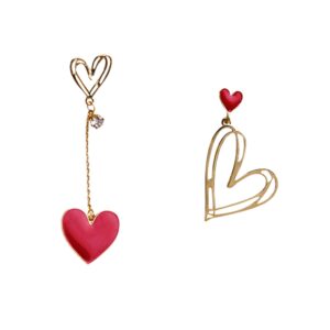 Gold Plated Mismatch Asymmetry Heart Drop Dangle Earrings Stud, Love Dangly Earrings for Women (Red)