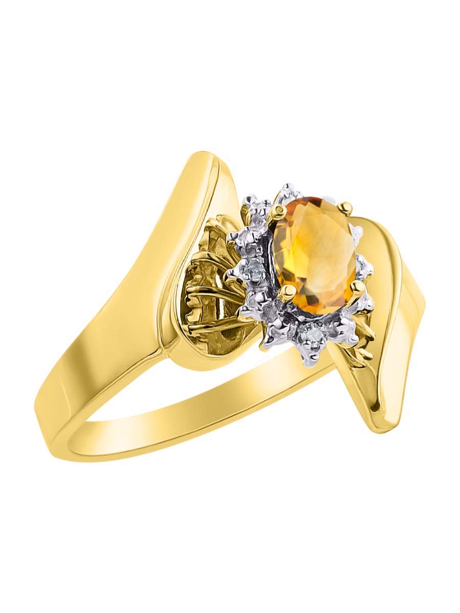 Rylos Floral Designer Ring with 6X4MM Oval Gemstone & Sparkling Diamonds in Yellow Gold Plated Silver- Birthstone Citrine Jewelry Size 7