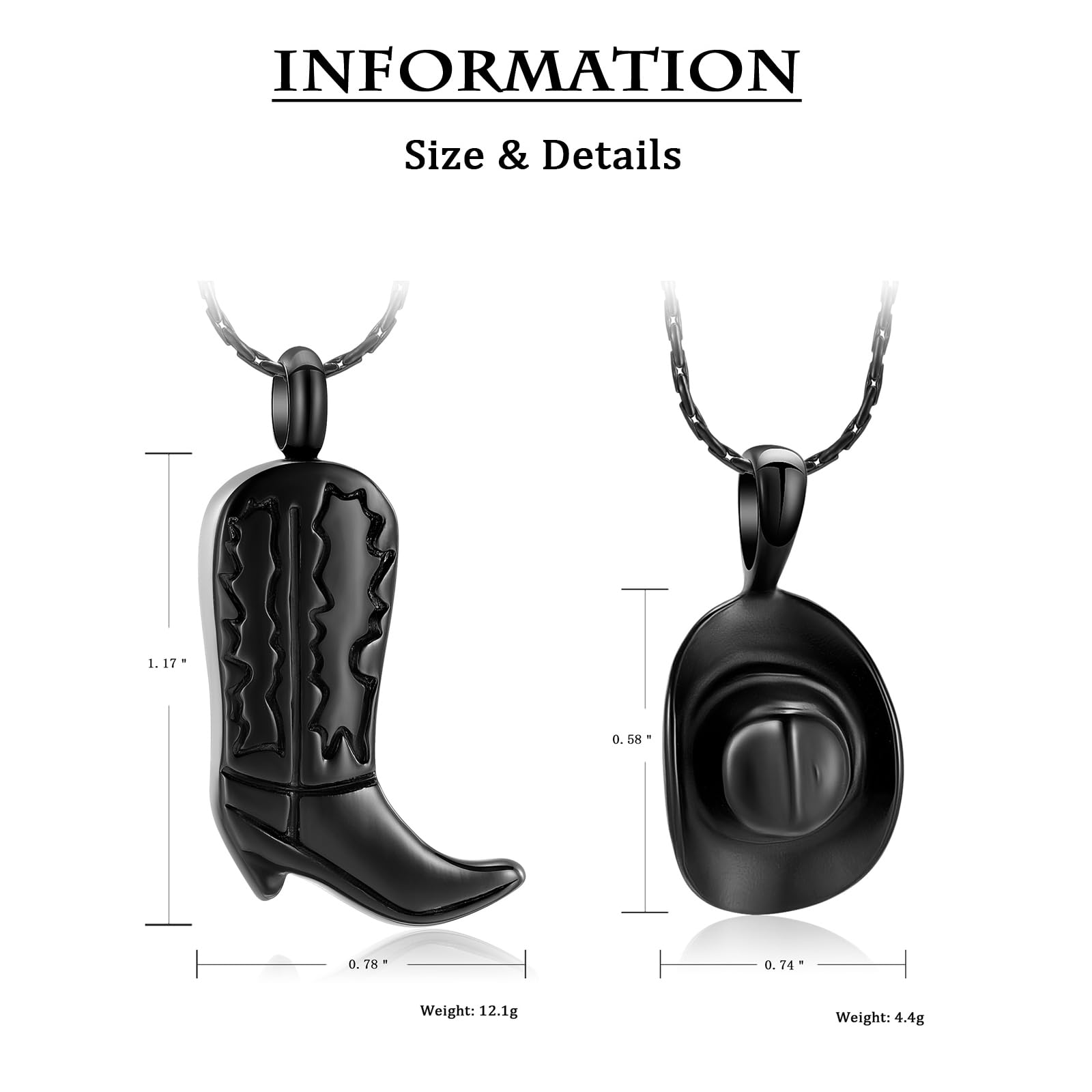 constantlife 2 Pack Cremation Jewelry for Ashes Stainless Steel Cowboy Boot & Hat Urn Necklace Keepsake Memorial Pendant for Women Men (Black)