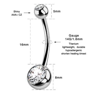 OUFER 16mm Titanium Belly Button Rings Internally Threaded Navel Piercing Jewelry Round CZ Belly Ring for Women