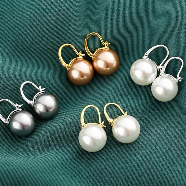 HUGE TOMATO Akoya White Pearl Drop Earrings, 14mm Elegant Big Pearl Earrings S925 Silver Pin Clasp for Women Fashion, Dangle Hoop Earrings for Gift