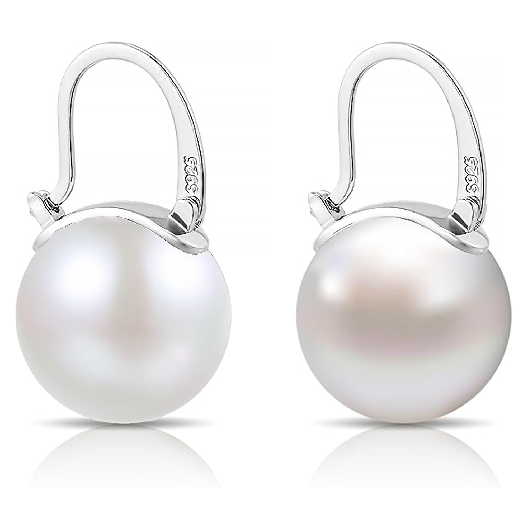 HUGE TOMATO Akoya White Pearl Drop Earrings, 14mm Elegant Big Pearl Earrings S925 Silver Pin Clasp for Women Fashion, Dangle Hoop Earrings for Gift