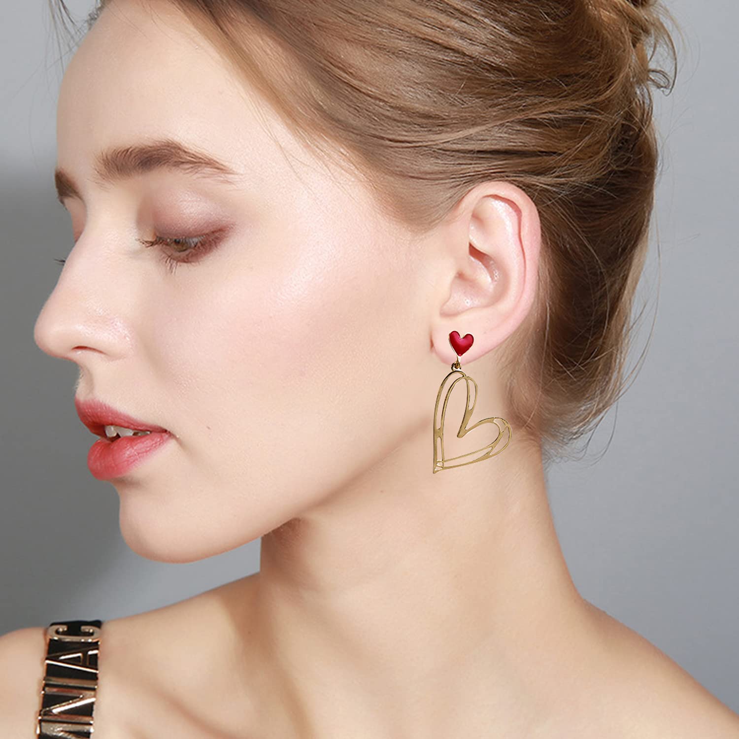 Gold Plated Mismatch Asymmetry Heart Drop Dangle Earrings Stud, Love Dangly Earrings for Women (Red)