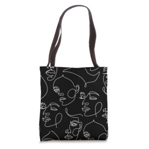 black and white neutral faces outline abstract women line tote bag