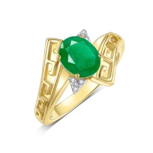 RYLOS Rings for Women 14K Gold Plated Silver Greek Key Designer Ring 9X7MM Gemstone & Diamond Ring May Emerald Jewelry Size 7