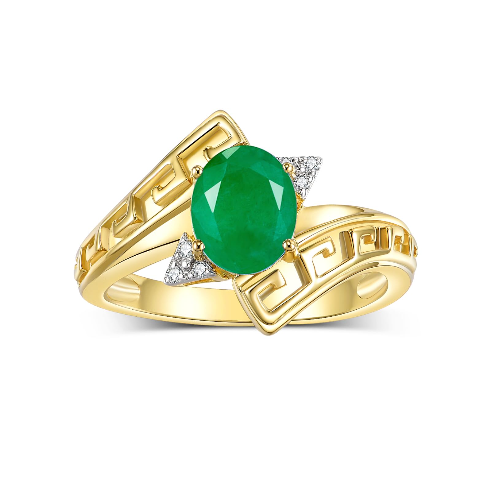 RYLOS Rings for Women 14K Gold Plated Silver Greek Key Designer Ring 9X7MM Gemstone & Diamond Ring May Emerald Jewelry Size 7