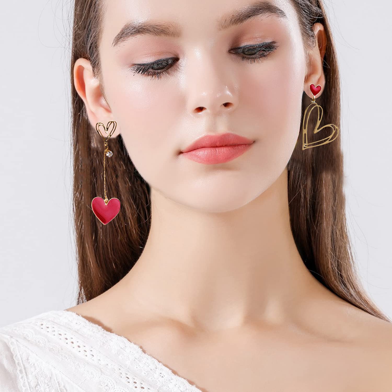 Gold Plated Mismatch Asymmetry Heart Drop Dangle Earrings Stud, Love Dangly Earrings for Women (Red)