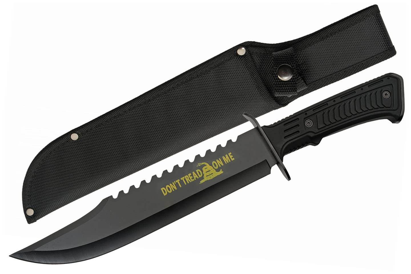 SZCO Supplies 15” Rattle Snake Rubberized Handle Sawback Bowie Blade Outdoor Survival Knife With Sheath, Black, 211559-YB