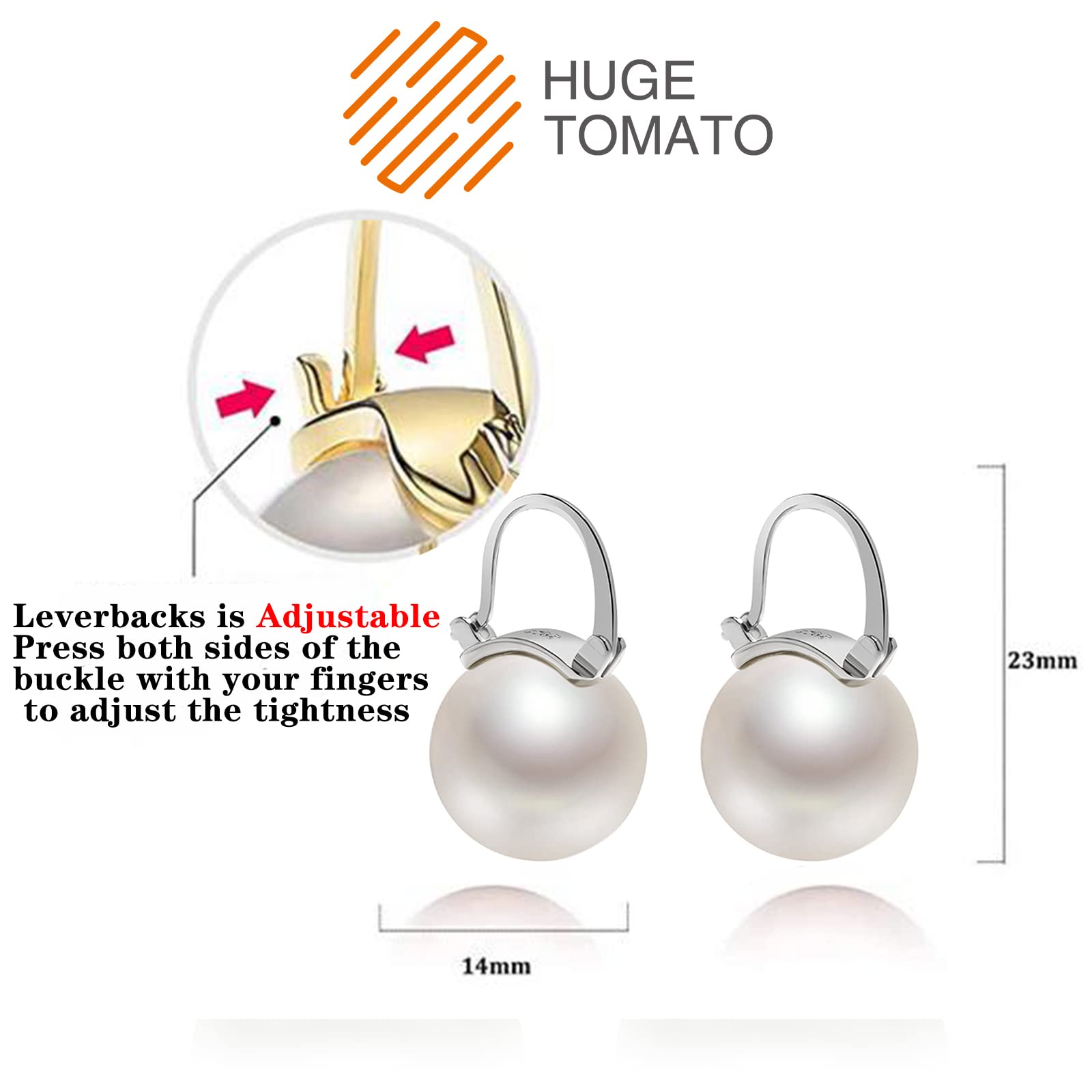 HUGE TOMATO Akoya White Pearl Drop Earrings, 14mm Elegant Big Pearl Earrings S925 Silver Pin Clasp for Women Fashion, Dangle Hoop Earrings for Gift