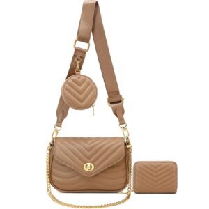 brown quilted crossbody shoulder bag with coin purse - lightweight trendy handbag for women