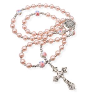 Nazareth Store Flowers Beads Rosary Necklace Crystallized Glass Pearl Beaded Rosary Miraculous Medal and Crucifix (Pink)