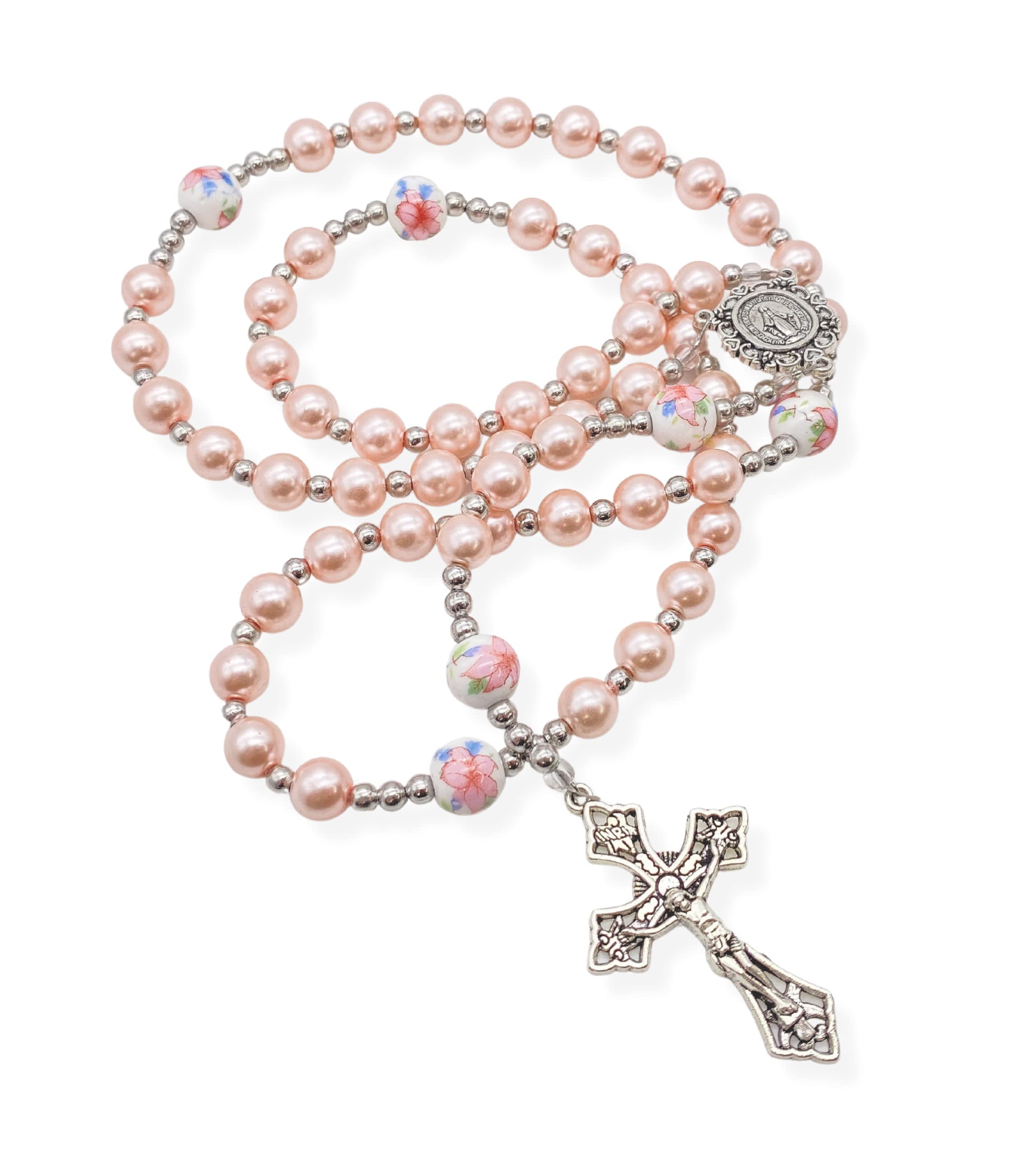 Nazareth Store Flowers Beads Rosary Necklace Crystallized Glass Pearl Beaded Rosary Miraculous Medal and Crucifix (Pink)