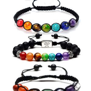 Bonnerish 3Pcs Chakra Bracelets for Women, 8mm Lava Rock 7 Chakras Crystal Bracelet, Healing Natural Stones Beaded Bracelet Yoga beads Bracelets