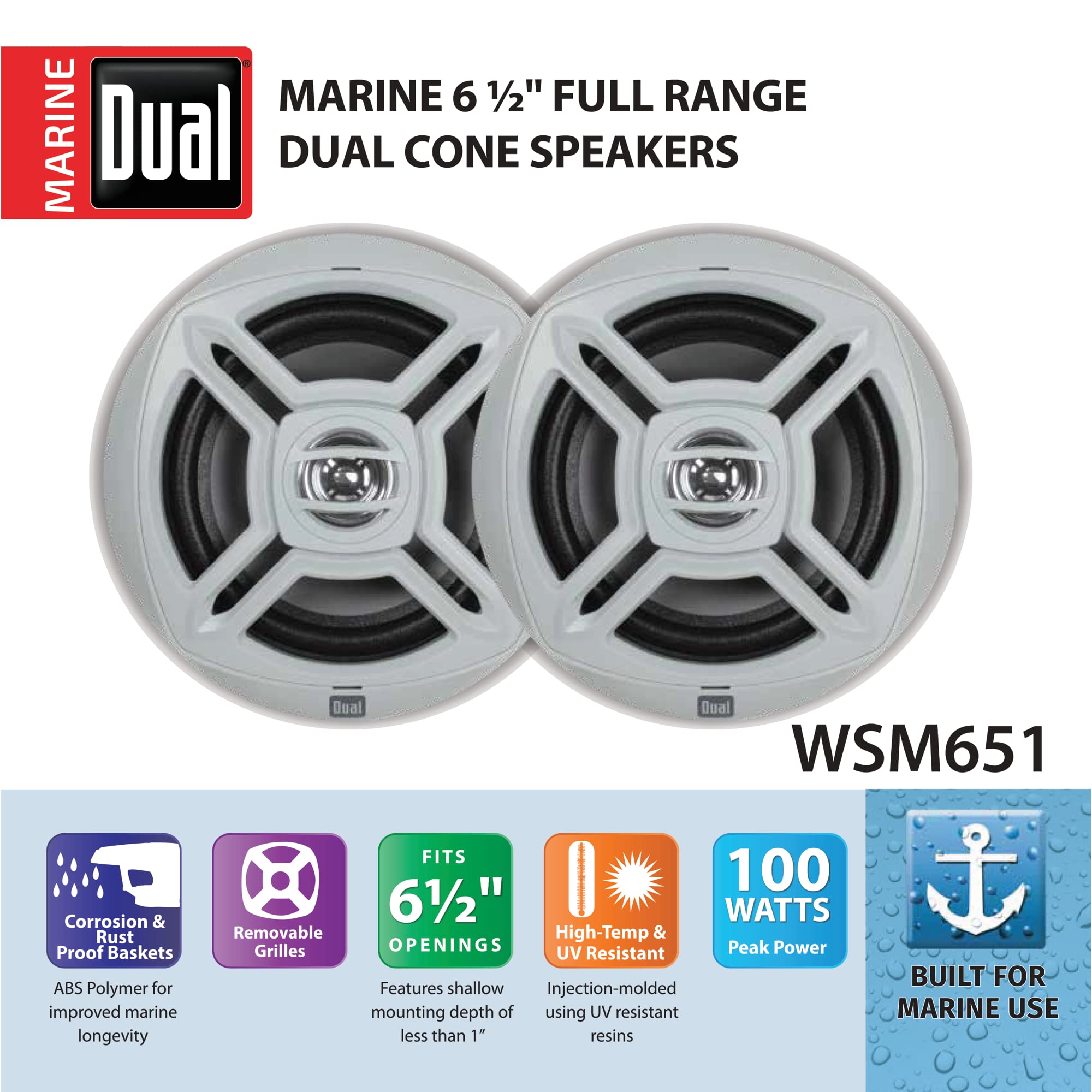 Dual Electronics WSM651 Two 6.5 inch Water Resistant Dual Cone High Performance Marine Speakers with 100 Watts of Peak Power | Gray