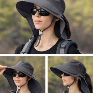 ZEXIAN Womens Sun Hat UPF 50+ Wide Brim and Ponytail Hole, Hiking Safari Hat with Neck Flap (Dark Grey)