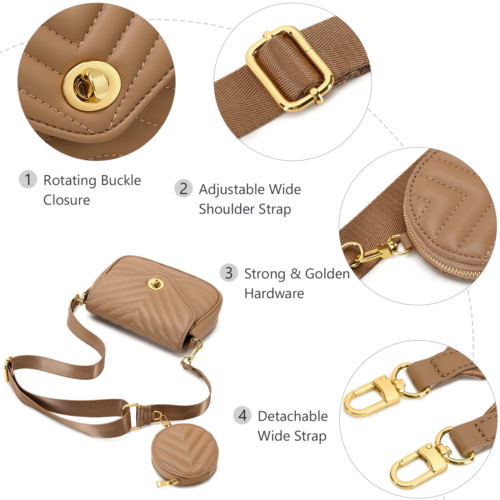 Brown Quilted Crossbody Shoulder Bag with Coin Purse - Lightweight Trendy Handbag for Women