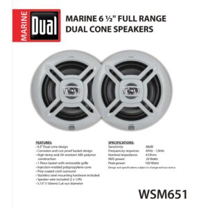 Dual Electronics WSM651 Two 6.5 inch Water Resistant Dual Cone High Performance Marine Speakers with 100 Watts of Peak Power | Gray