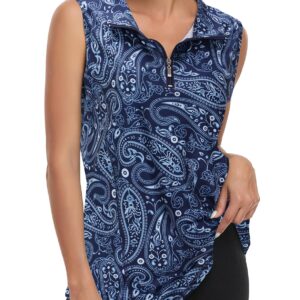 Viracy Yoga Tops for Women, Womans Paisley Summer Tank Top 1/4 Zipper Sweat Absorption Sleeveless Working Out Shirts Stylish Cute Dry Fit Active-wear,Navy Blue-XL