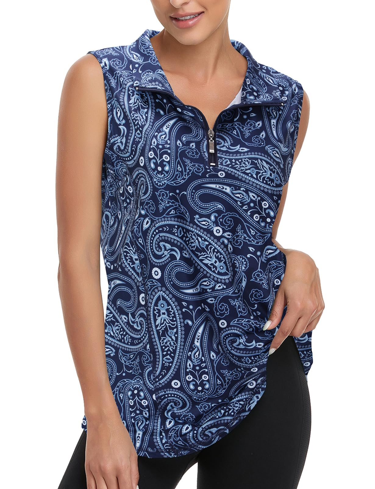 Viracy Yoga Tops for Women, Womans Paisley Summer Tank Top 1/4 Zipper Sweat Absorption Sleeveless Working Out Shirts Stylish Cute Dry Fit Active-wear,Navy Blue-XL