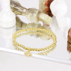 MEPLUS FASHION Evil Eye Charm Bracelets for Women Gold Silver Stainless Steel 4mm Bead Ball Stretchable Elastic Bracelet