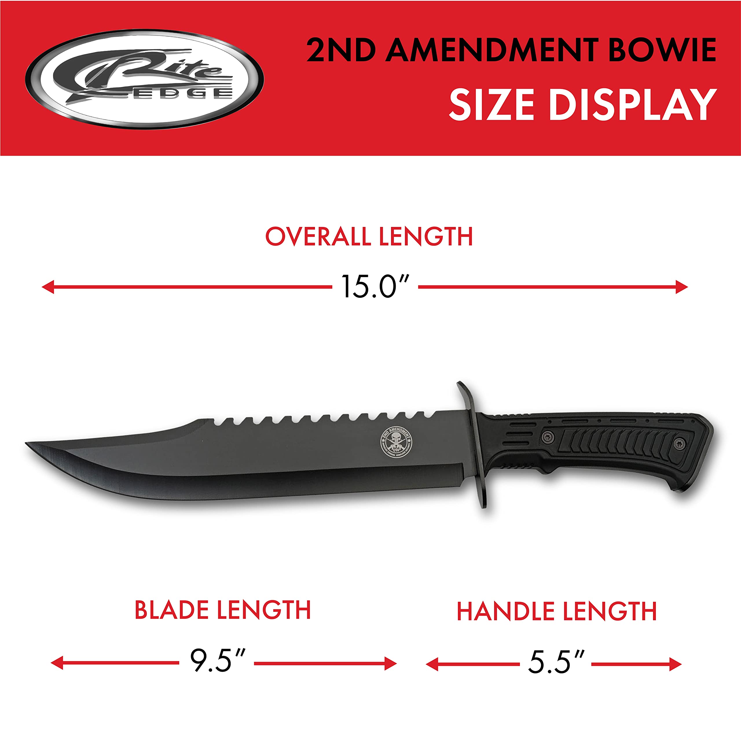 SZCO Supplies 15” 2nd Amendment Rubberized Handle Sawback Bowie Blade Outdoor Survival Knife With Sheath,Black,211559-SA