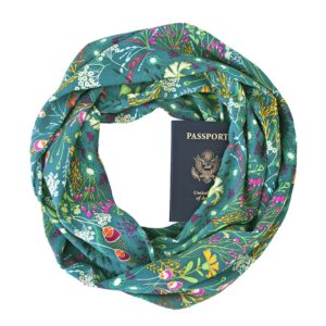 speakeasy travel supply thea emerald ~ infinity scarf w/secret zipper pocket, spring travel scarf, made in u.s.a., navy, green, pink, orange, yellow