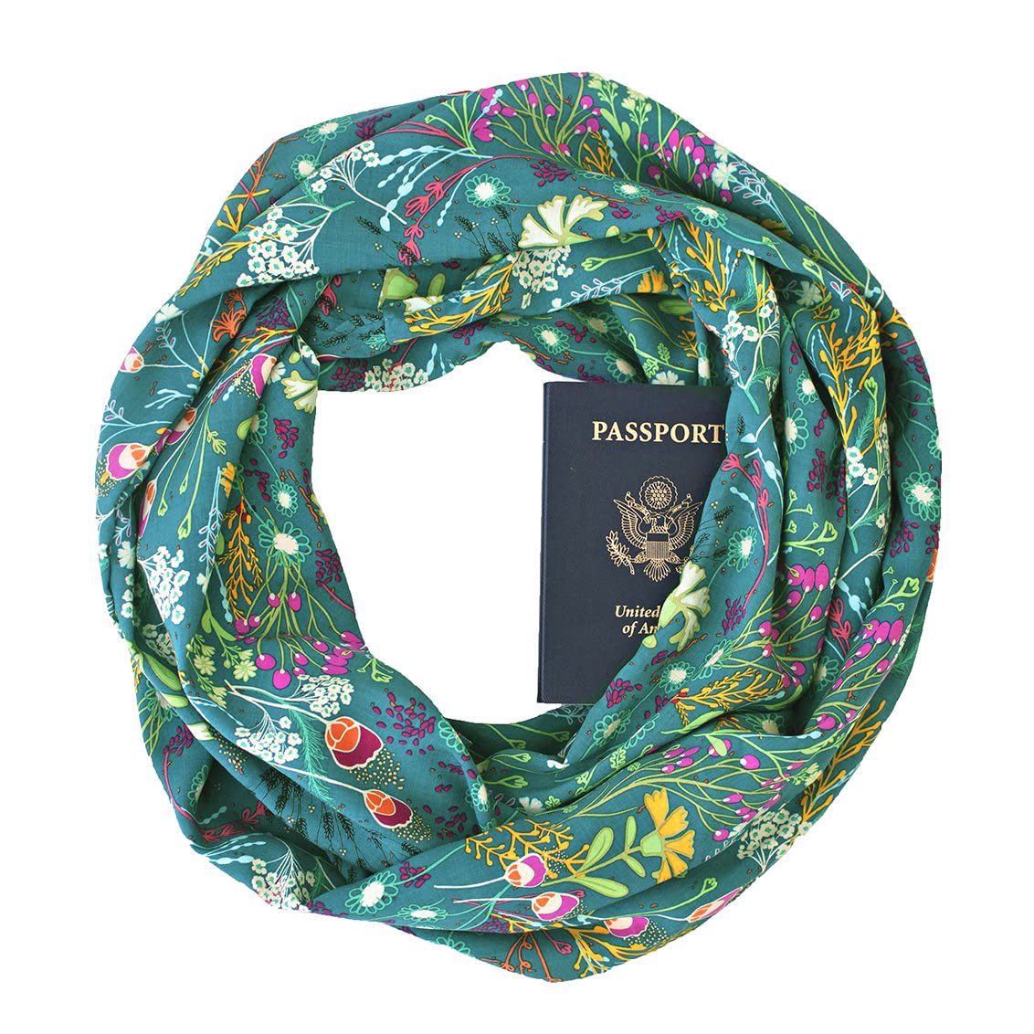 Speakeasy Travel Supply Thea Emerald ~ Infinity Scarf w/Secret Zipper Pocket, Spring Travel Scarf, Made in U.S.A., Navy, Green, Pink, Orange, Yellow