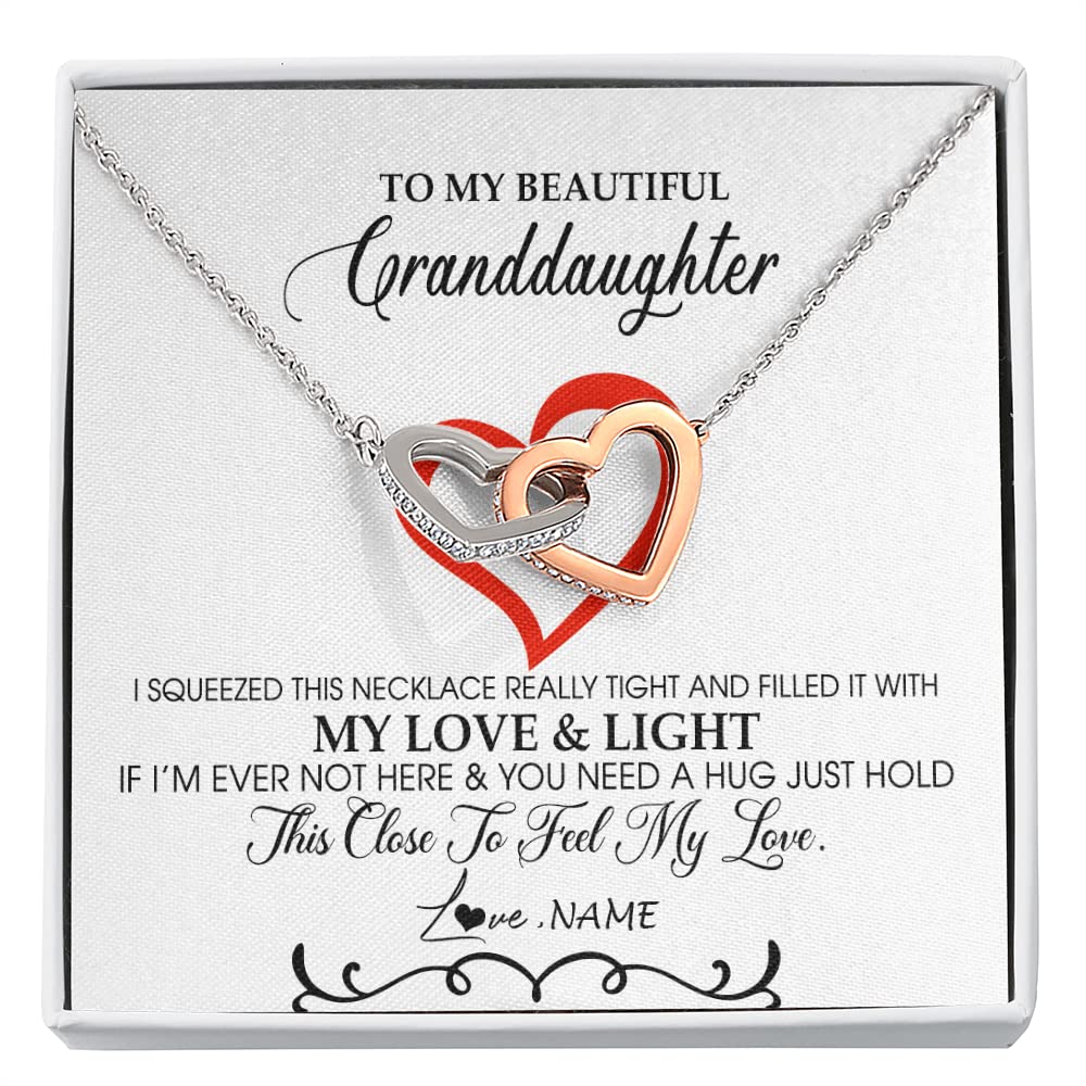 Yametee Personalized To My Beautiful Granddaughter Necklace From Grandma Filled With My Love and Light Granddaughter Jewelry Birthday Christmas Customized Message Card Interlocking Hearts Necklace