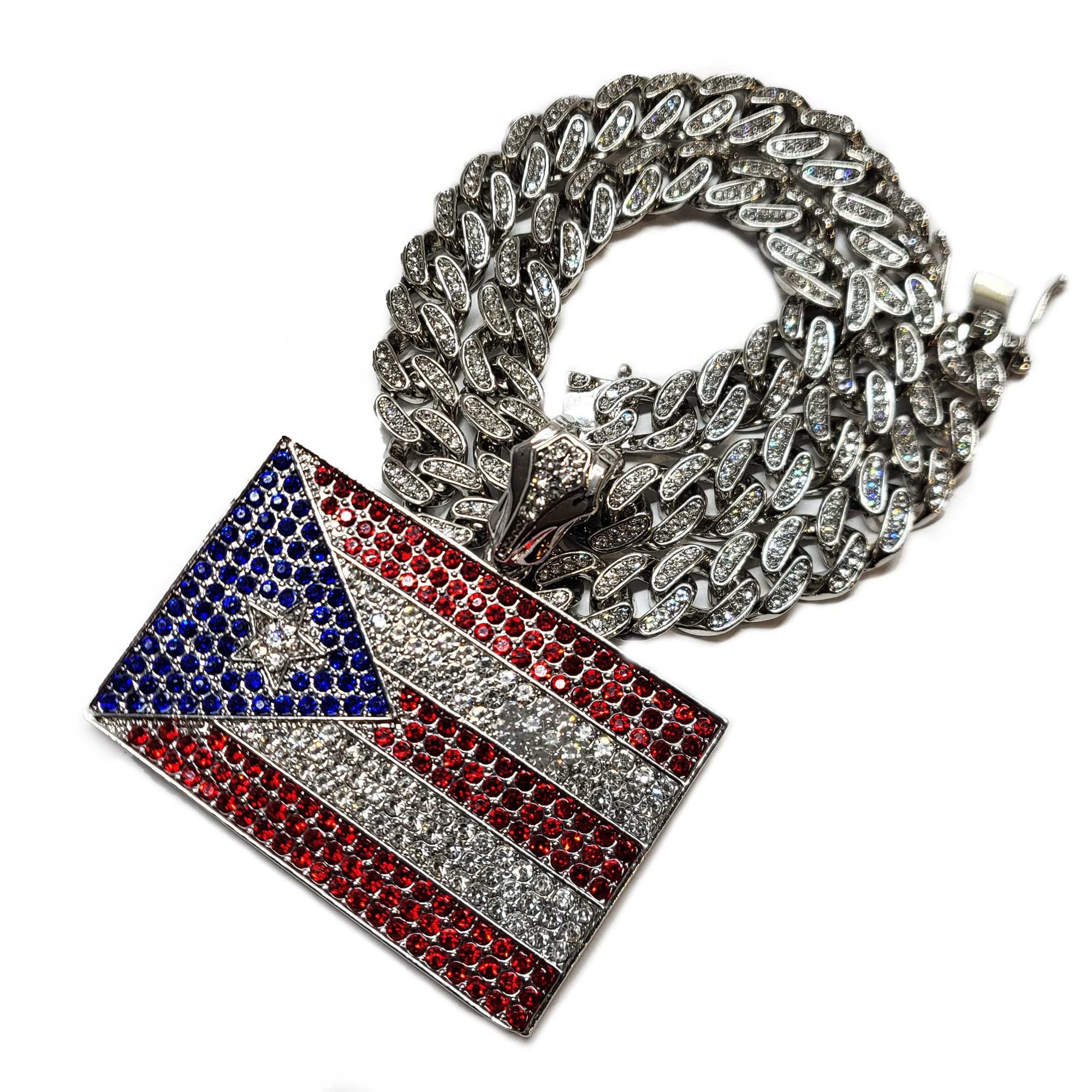 Hip Hop Jewelry Silver Plated Puerto Rico Flag Pendant 13mm 16" 18" 20" 24" Iced Cuban Chain Necklace (PENDANT & 24" CHAIN SET)