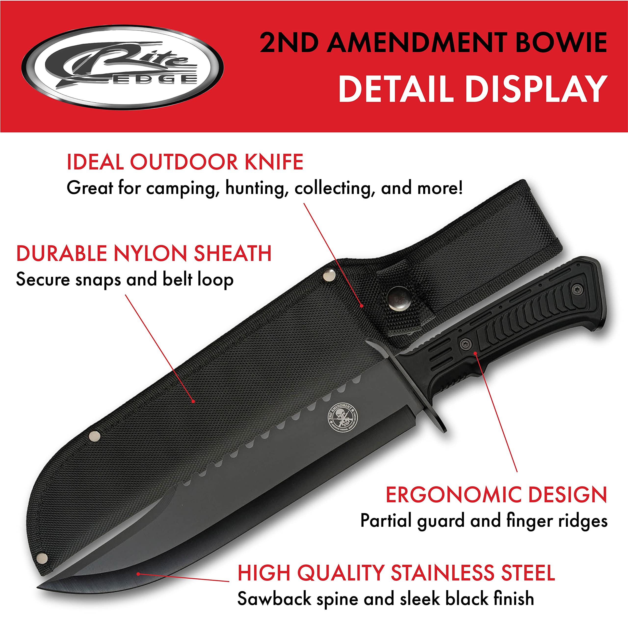 SZCO Supplies 15” 2nd Amendment Rubberized Handle Sawback Bowie Blade Outdoor Survival Knife With Sheath,Black,211559-SA