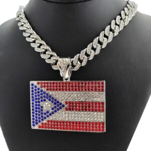 Hip Hop Jewelry Silver Plated Puerto Rico Flag Pendant 13mm 16" 18" 20" 24" Iced Cuban Chain Necklace (PENDANT & 24" CHAIN SET)