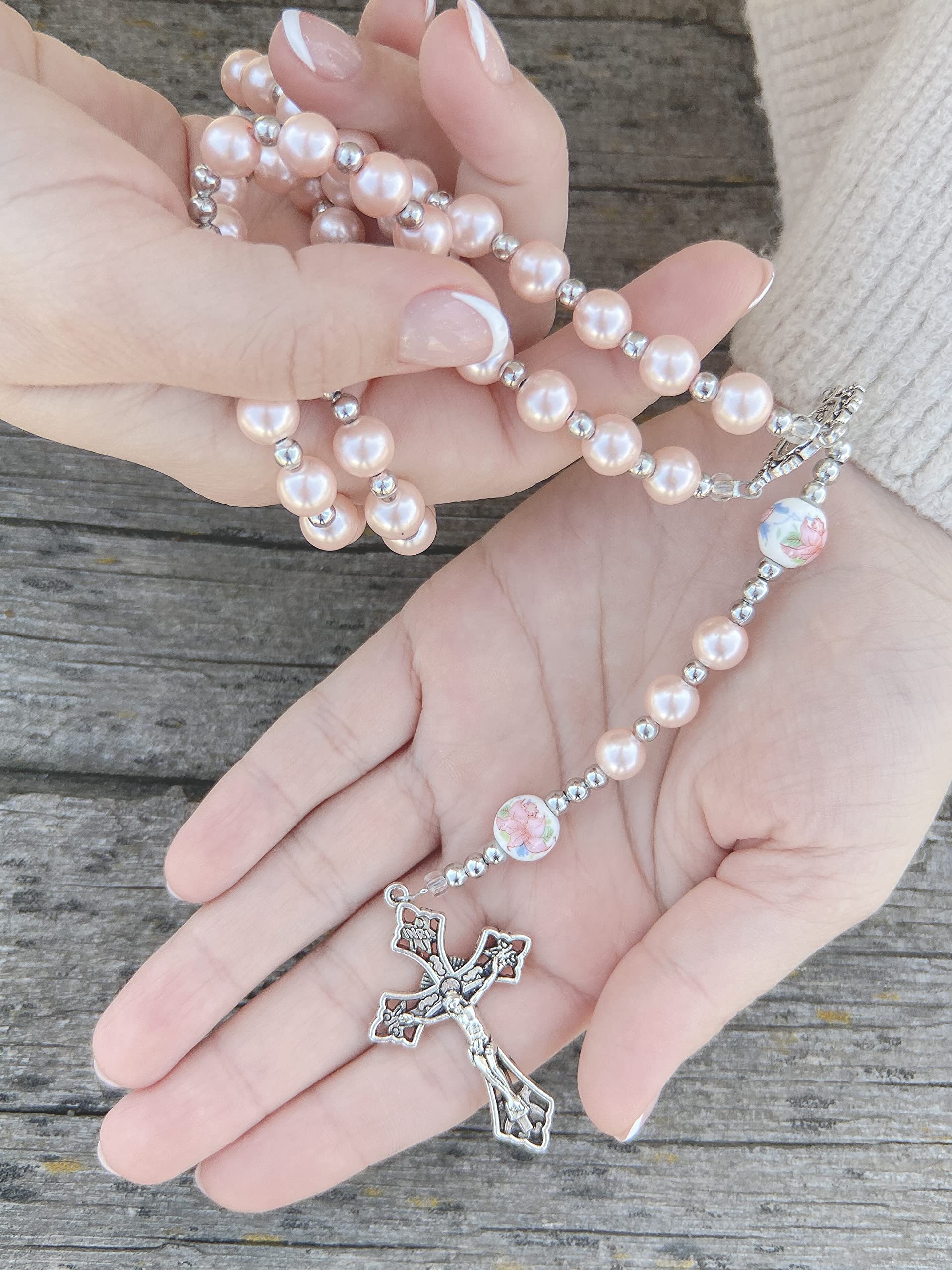 Nazareth Store Flowers Beads Rosary Necklace Crystallized Glass Pearl Beaded Rosary Miraculous Medal and Crucifix (Pink)