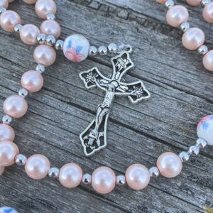 Nazareth Store Flowers Beads Rosary Necklace Crystallized Glass Pearl Beaded Rosary Miraculous Medal and Crucifix (Pink)