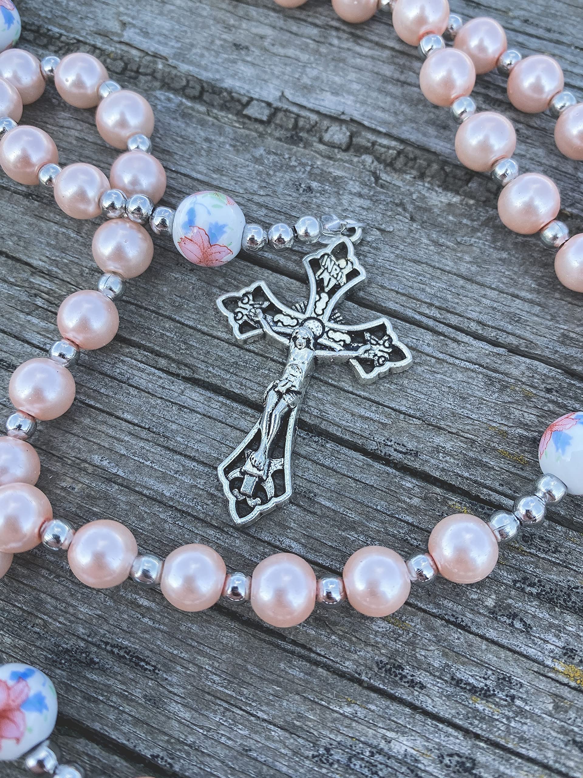 Nazareth Store Flowers Beads Rosary Necklace Crystallized Glass Pearl Beaded Rosary Miraculous Medal and Crucifix (Pink)