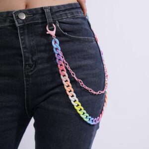 YERTTER Punk Rainbow Layered Pants Jeans Chain Colorful Acrylic Pants Chain Goth Layered for Men Link Wallet Chain Trousers Chain Waist Body Chain Set for Women Man (Pink)