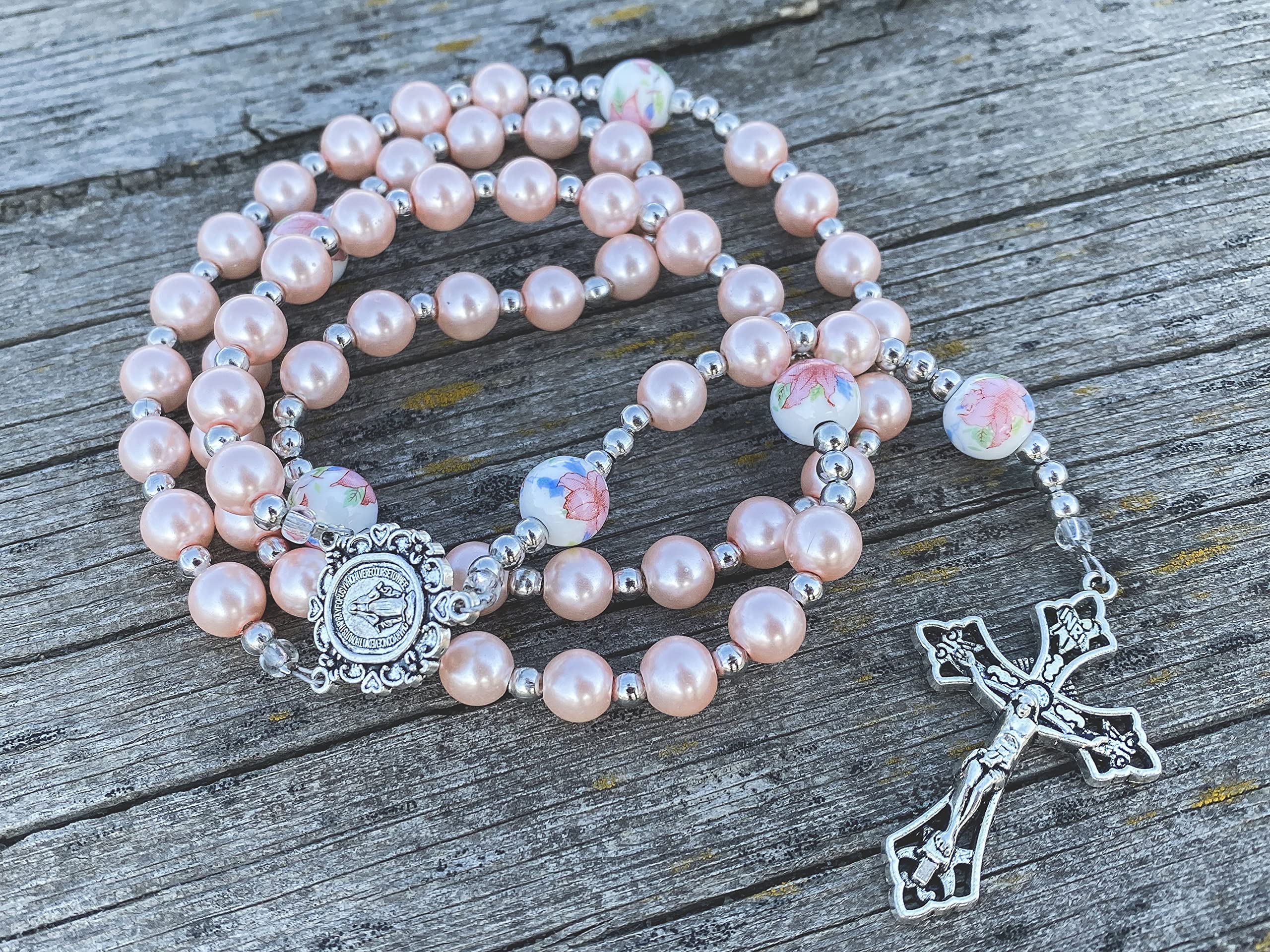 Nazareth Store Flowers Beads Rosary Necklace Crystallized Glass Pearl Beaded Rosary Miraculous Medal and Crucifix (Pink)