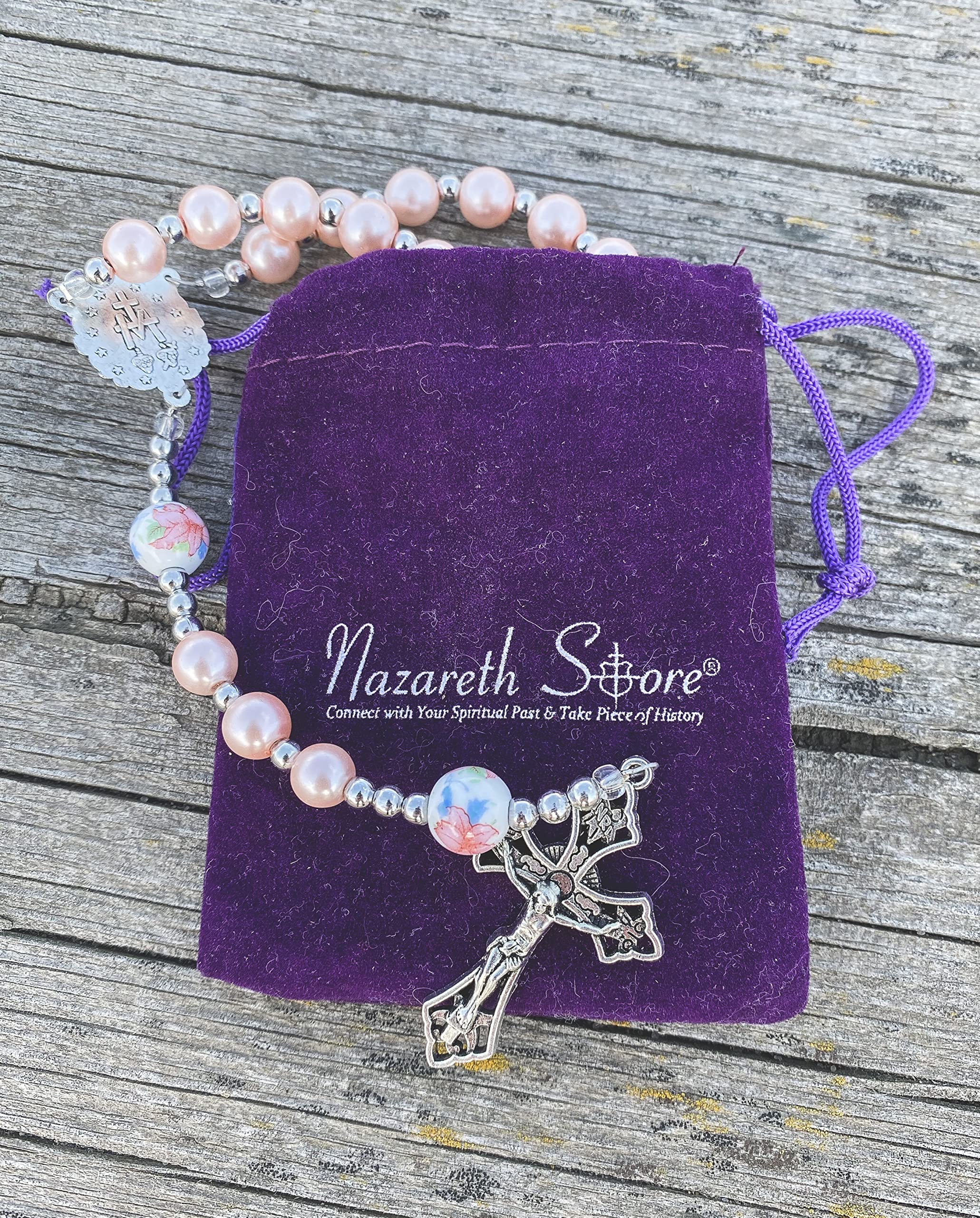 Nazareth Store Flowers Beads Rosary Necklace Crystallized Glass Pearl Beaded Rosary Miraculous Medal and Crucifix (Pink)