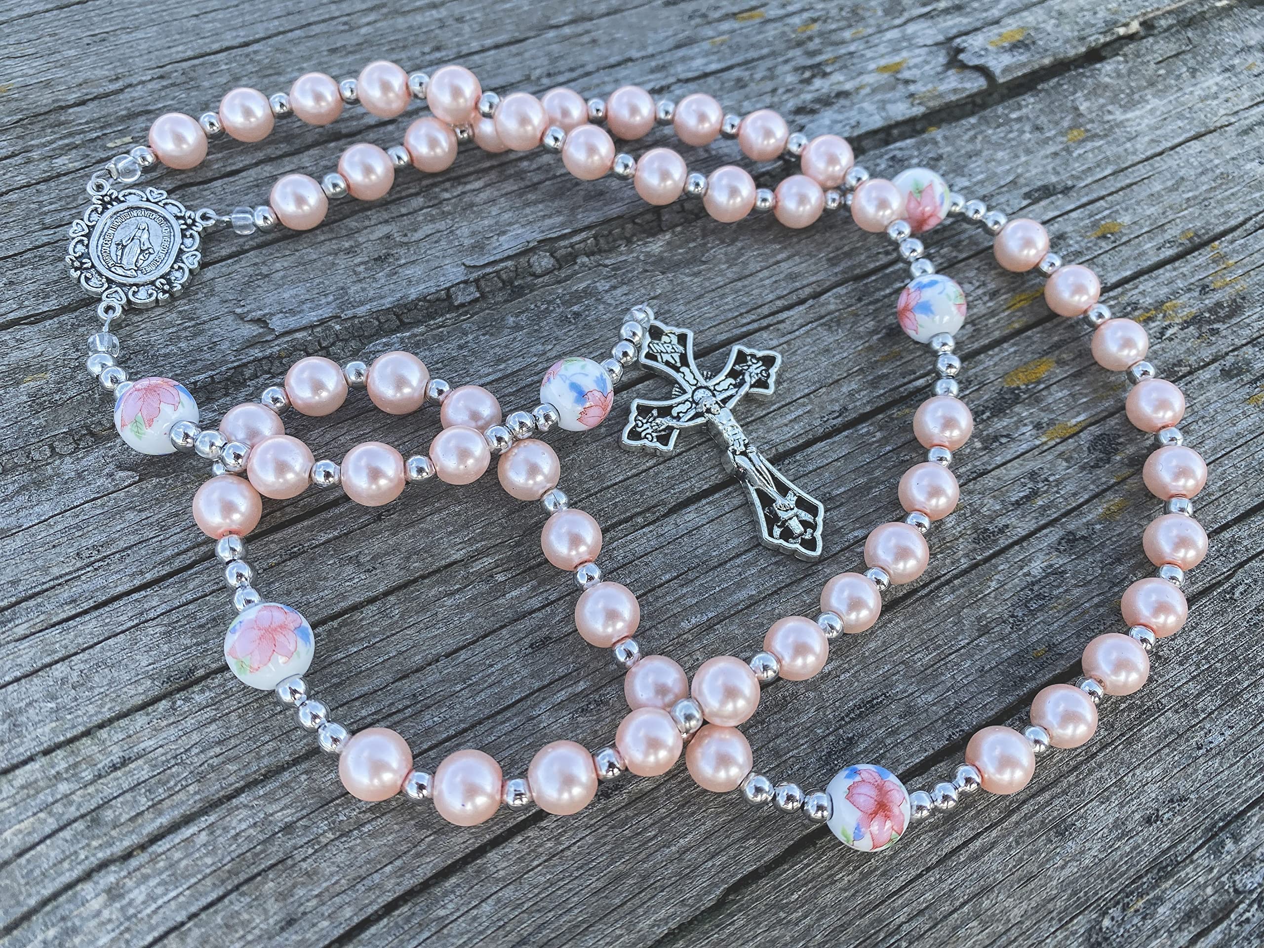 Nazareth Store Flowers Beads Rosary Necklace Crystallized Glass Pearl Beaded Rosary Miraculous Medal and Crucifix (Pink)