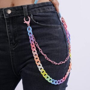 YERTTER Punk Rainbow Layered Pants Jeans Chain Colorful Acrylic Pants Chain Goth Layered for Men Link Wallet Chain Trousers Chain Waist Body Chain Set for Women Man (Pink)