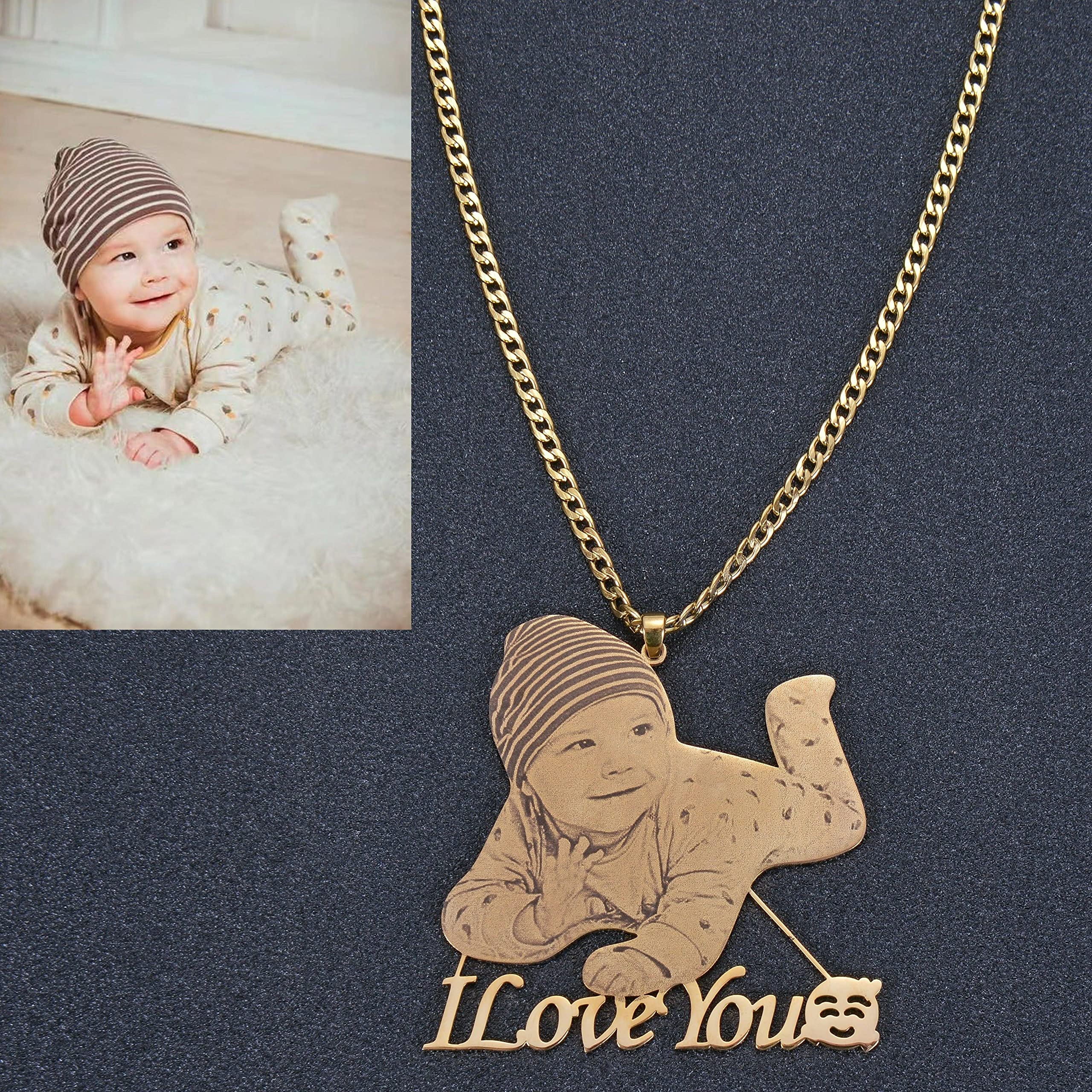 Pendantify Custom Photo Engraved Necklace Pendant Charm in Gold & Silver For Him & Her | Personalized Picture in a Pendant Necklace (Medium Size Pendant (2.5-3 inches), Gold)